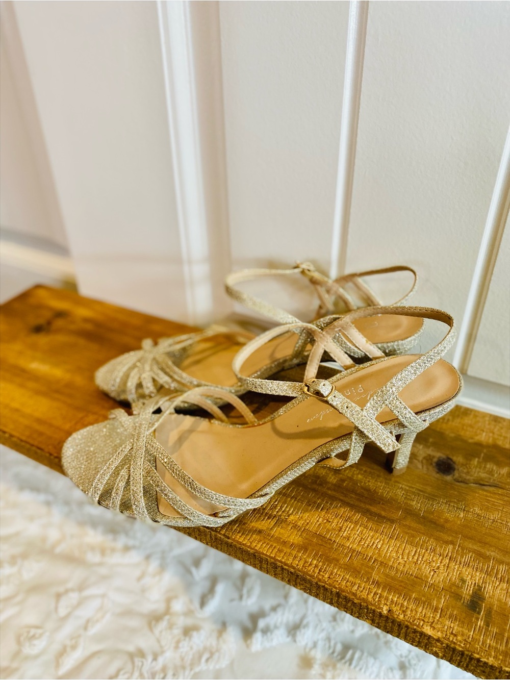 Paradox London Pink Glitter Strappy Low Heel Sandals in Gold